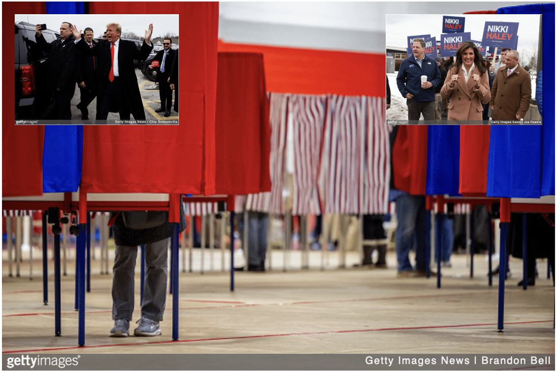 New Hampshire voting in primary with images of Donald Trump and Nikki Haley inset.