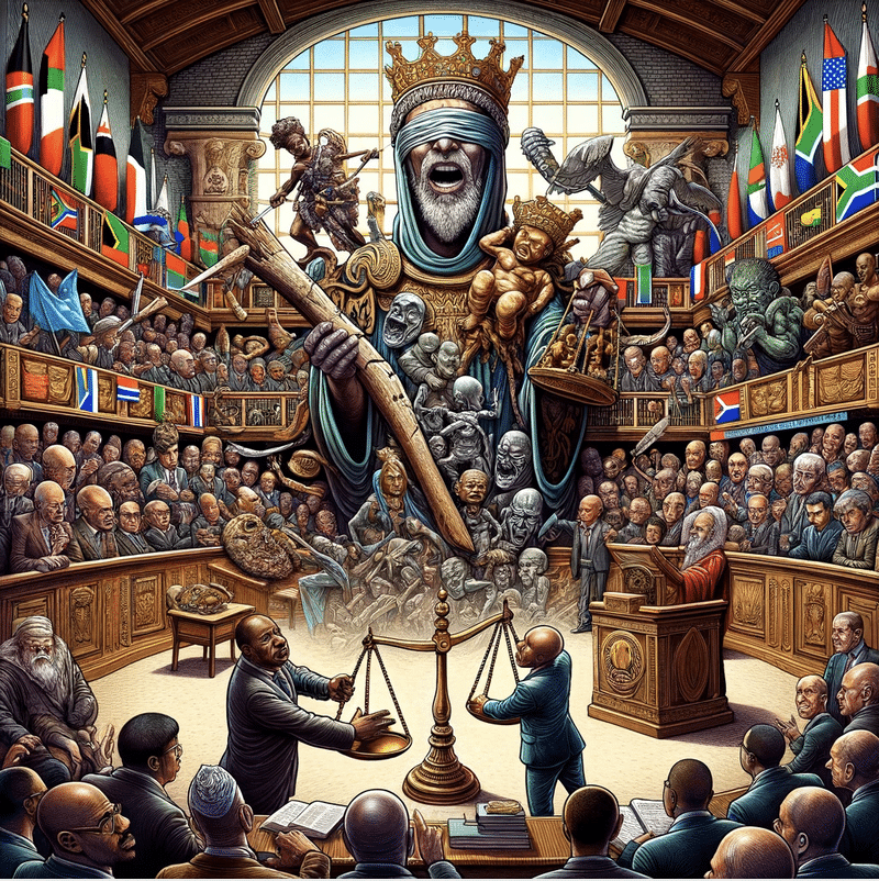 cartoon of scene in ICJ court where South Africa is presenting case against Israel