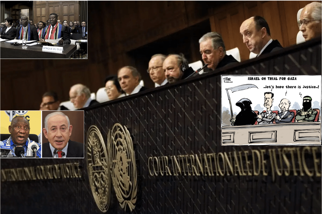 ICJ trial of South Africa v Israel for genocide in Gaza with cartoon of Putin and others and Ramaphosa and Netanyahu inset.