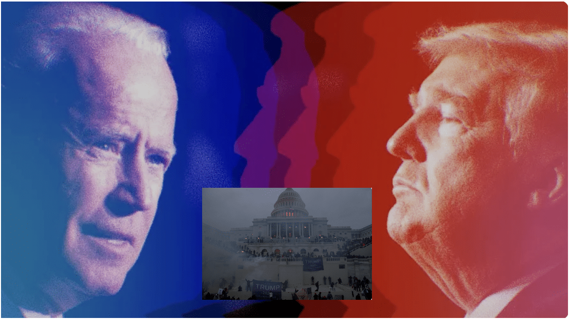 Trump vs Biden face off with image of Jan 6 insurrection inset