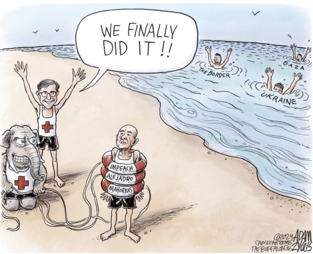 cartoon of Speaker Johnson on beach vacation after failing to pass aid bill for Ukraine, Israel, and Taiwan