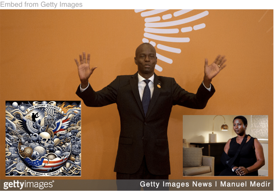 Haitian President Moise with arms raised with image of wounded widow and cartoon collage of US intervention in Haiti