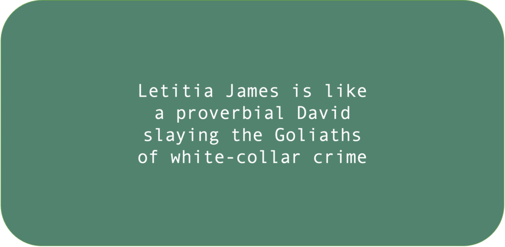 Letitia James is like a proverbial David slaying the Goliaths of white-collar crime.
