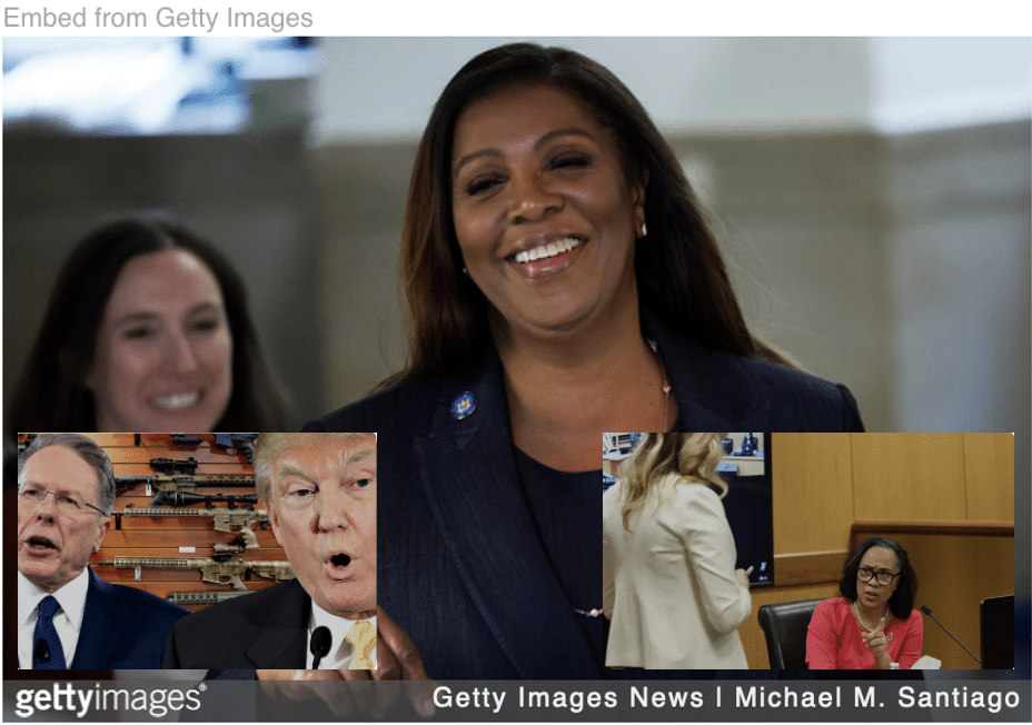 Letitia James leaving court with images of Donald Trump and Wayne LaPierre and Fani Willis inset