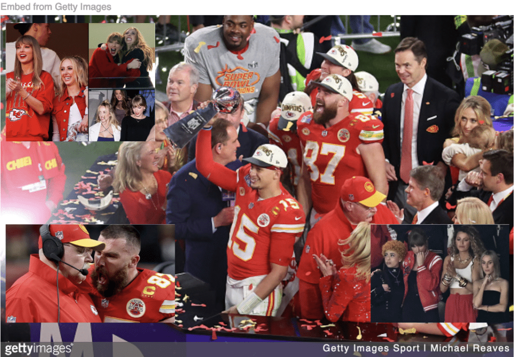 Mahomes holding the Super Bowl trophy with images inset of Taylor Swift and Brittany Mahomes, Travis Kelce and Coach Reid, and Taylor at Super Bowl with Blake Lively