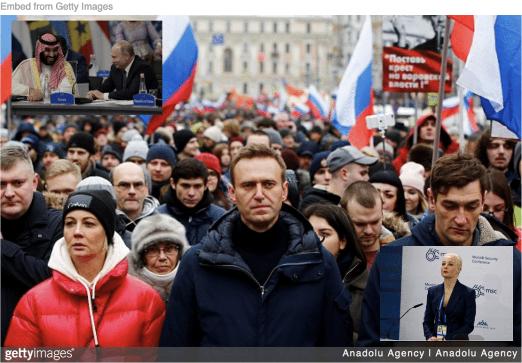 Navalny leading a street protest march and images inset with Putin and MbS and of Putin's wife.