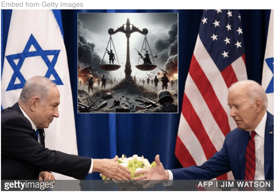 PM Netanyahu shaking hands with President Biden with inset of cartoon of Israelis facing prosecution at UN committing for war crimes in Gaza.