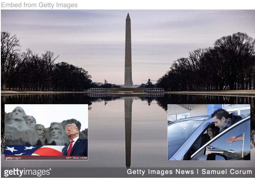 Image of Washington monument with Trump in front of Mount Rushmore and couple buying a car inset.