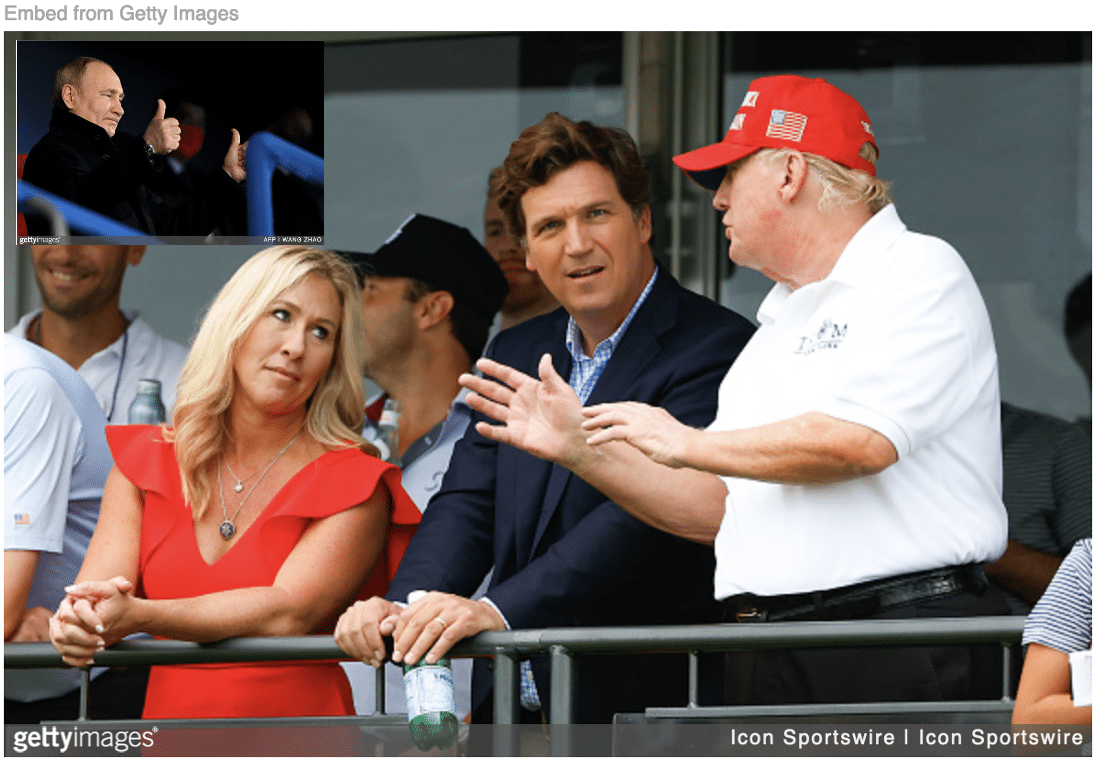 Trump talking to Tucker Carlson and Marjorie Taylor Greene at LIV Golf tournament with image of Putin inset.