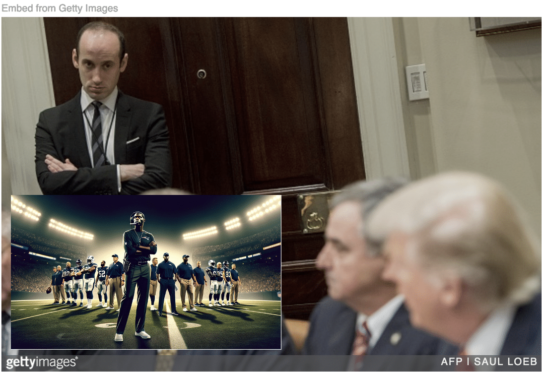 Stephen Miller in Oval Office looking at Trump during a meeting with caricature of Black coaches in the NFL.
