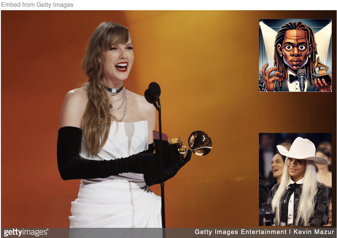 Taylor Swift accepting Grammy for Album of the Year with image inset of Jay-Z and Beyonce.