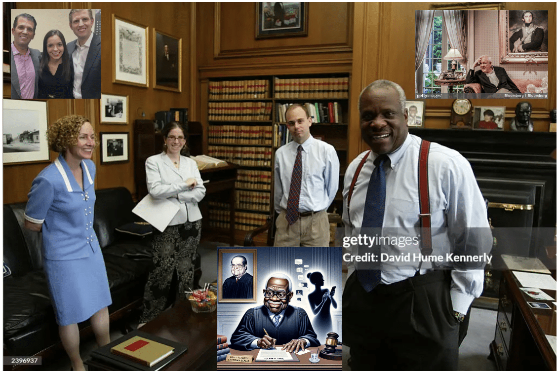 Justice Thomas in his office with law clerks and images of billionaire friend Harlan Crow and racist clerk Crystal Clanton inset.