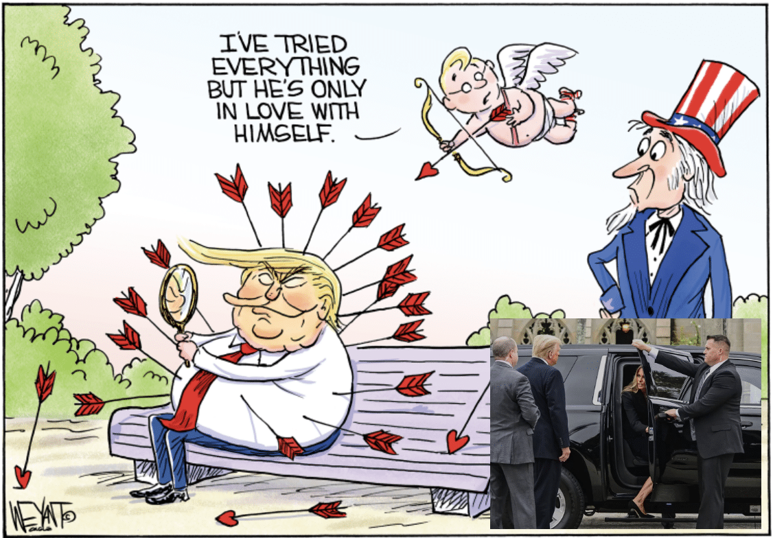 Cartoon of Trump giving himself a Valentine with Melania refusing to let him into their limo inset