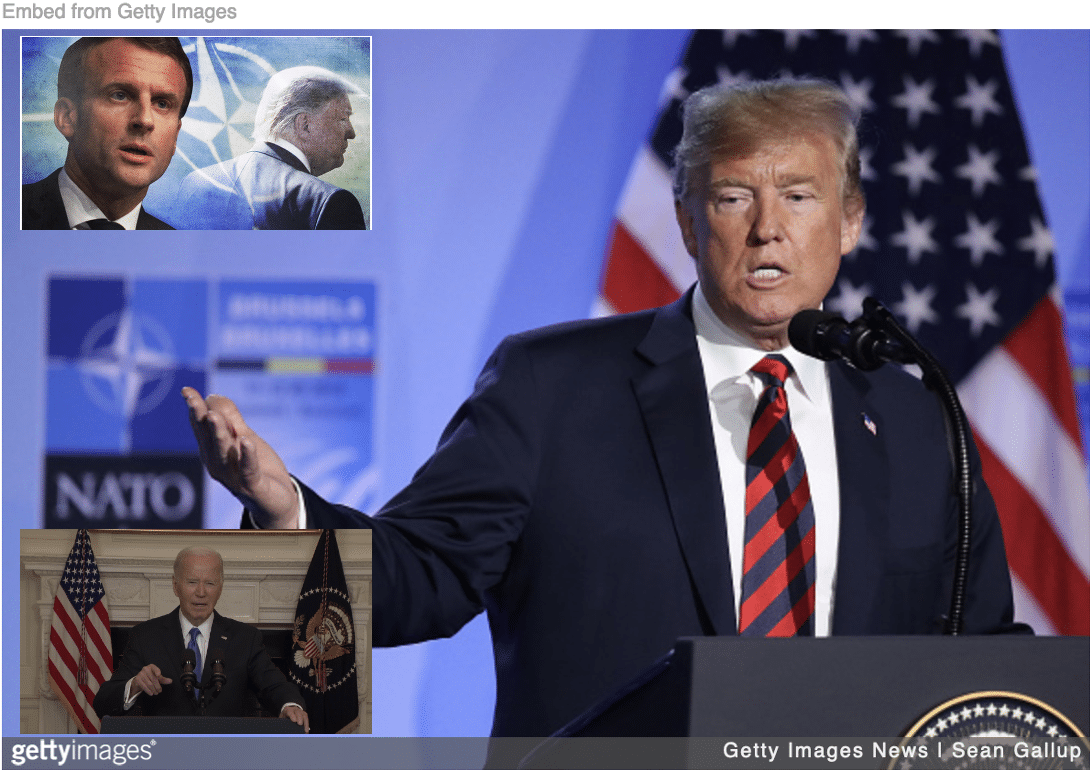 Trump addressing NATO with image of Macron and Biden inset