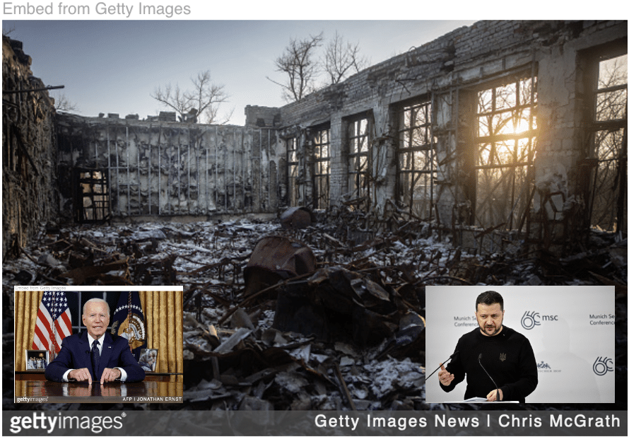 bombed out building in Ukraine with image of Zelensky at Munich Security Conference and Biden in Oval Office inset.