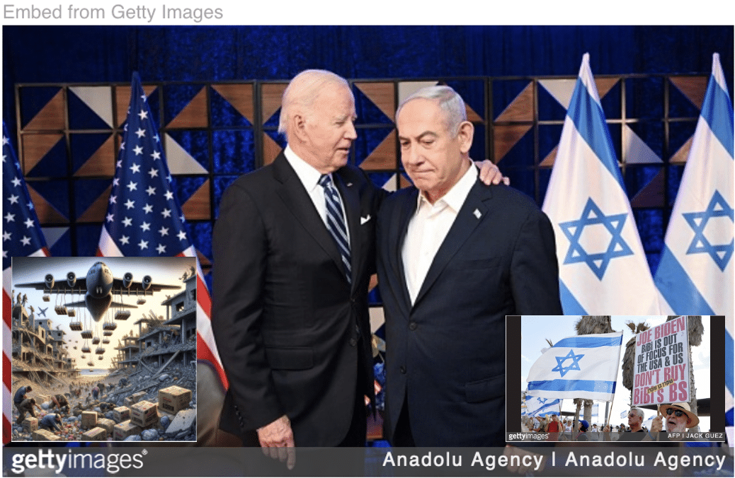 Biden and Netanyah as meeting over Gaza with image of US airdropping food and Israelis protesting Netanyahu inset.
