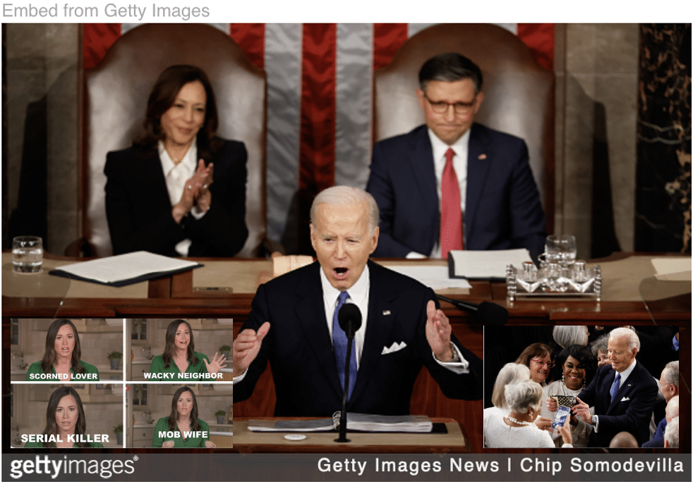 Biden delivering his SOTU address with image of Katie Britt delivering response and Biden mingling with crowd inset