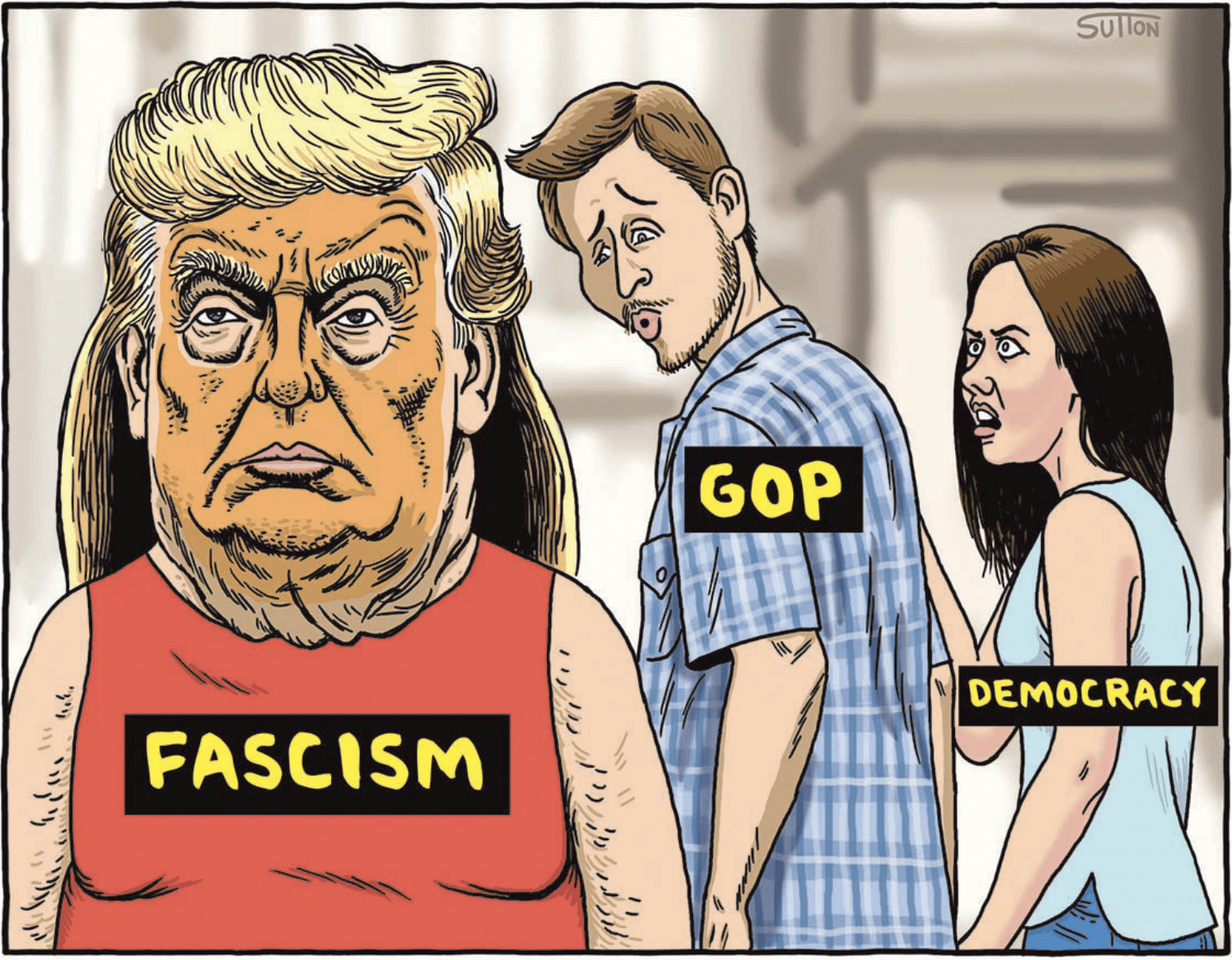 cartoon of Trump as a fascist GOP men love