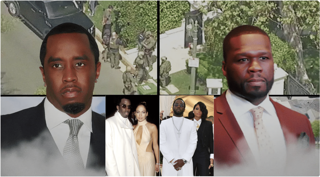 raid on Diddy home and image of Diddy and 50 Cent with inset images of Diddy and JLo and Diddy and Cassie