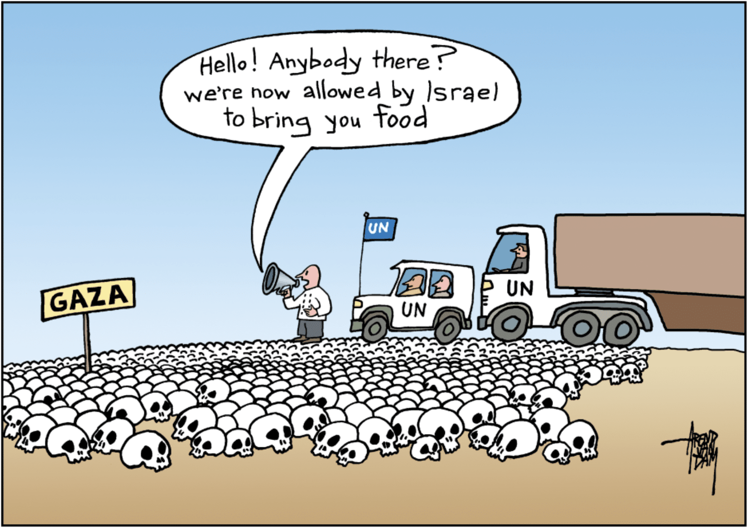 Cartoon of Israel denying aid to Gaza