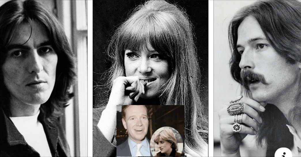 love triangle between George Harrison, Pattie Boyd, and Eric Clapton with image of lovers James Hewitt and Princess Diana inset