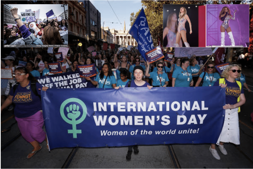 women marching for international women's day with image of Beyonce and Taylor Swift inset