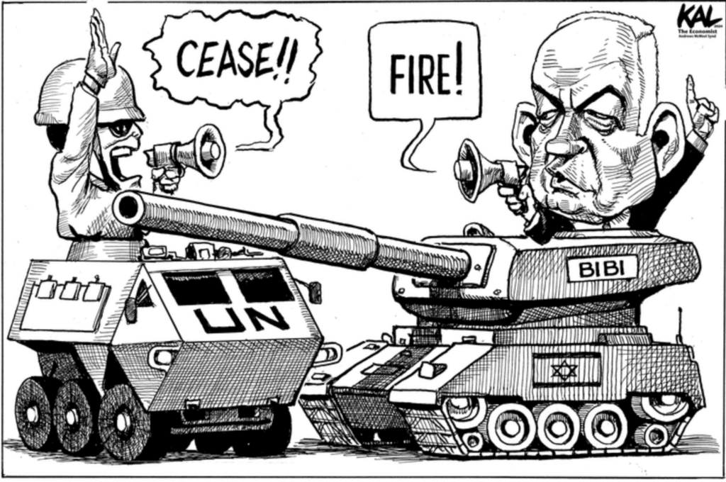 Cartoon of Netanyahu hell-bent on bombing Gaza despite ceasefire