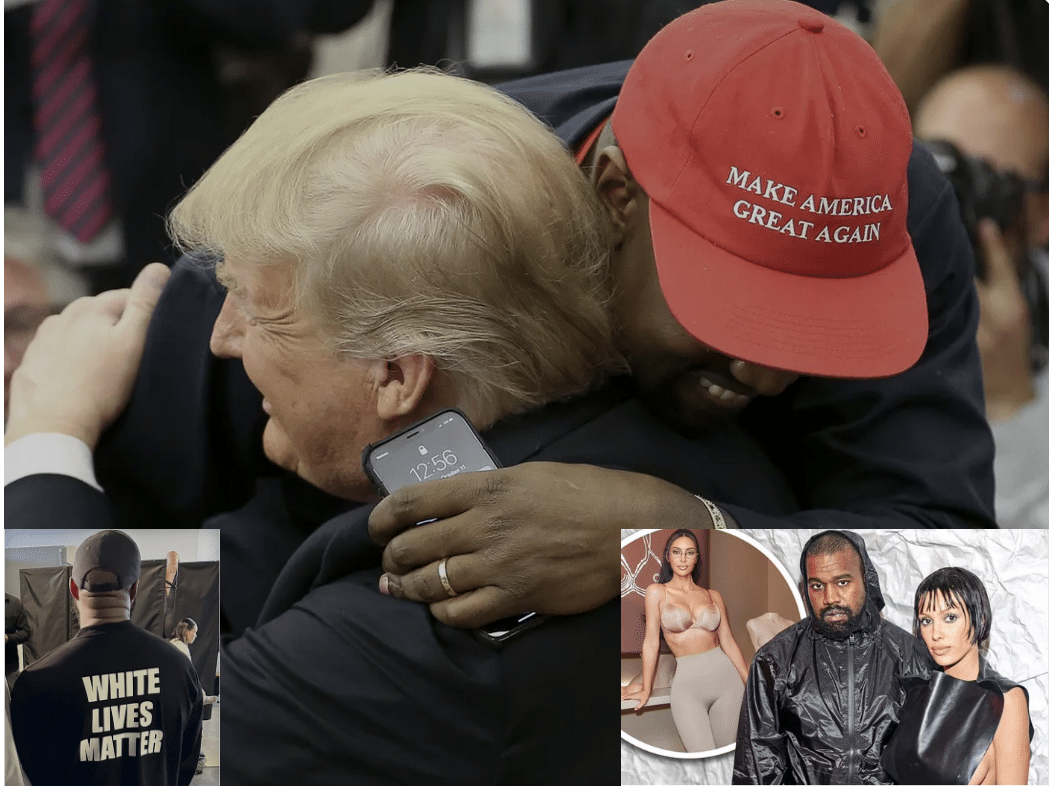 Kanye hugging Trump with inset of Kanye wearing White Lives Matter shirt and with Kim and current wife.