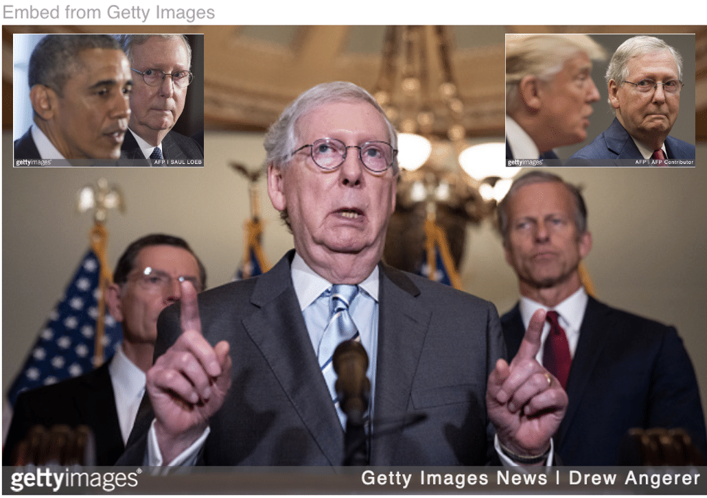 Mitch McConnell addressing the media with images of him looking at Obama and looking at Trump inset
