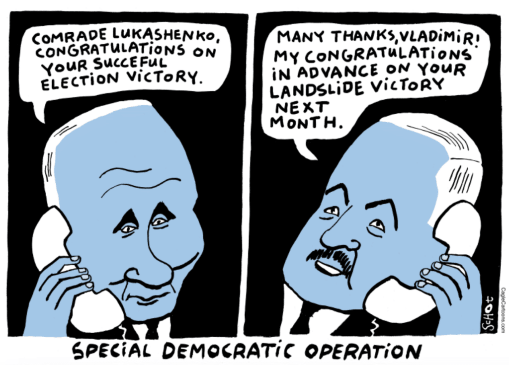 Cartoon of Putin and Lukashenko congratulating each other on their rigged election