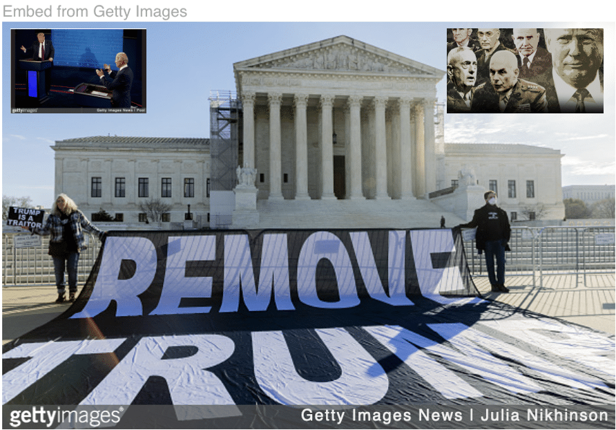 Supreme Court with protesters supporting removing Trump under the 14th Amendment and images inset of Trump and Biden debating and Trump with his generals