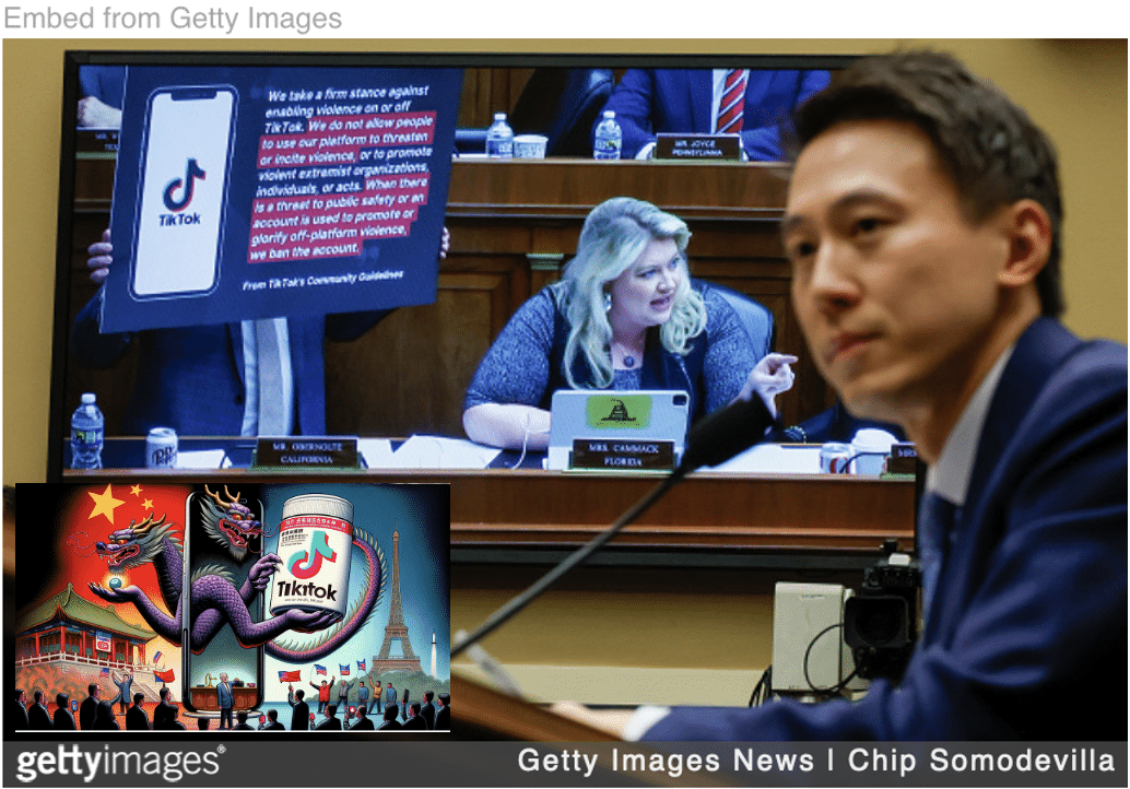 TikTok CEO testifying before Congress with image of cartoon featuring dragon holding TikTok app.