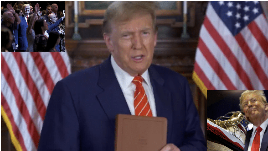 Donald Trump hawking Bible and sneakers with inset image on him in Church