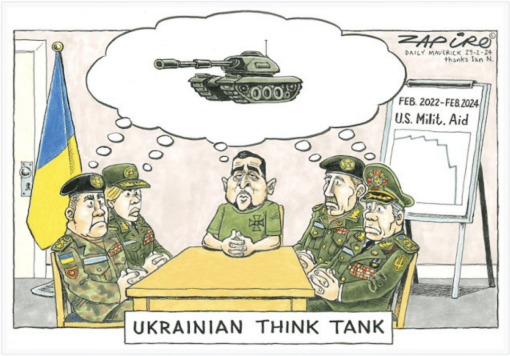 cartoon of Ukraine waiting in vain for US weapons