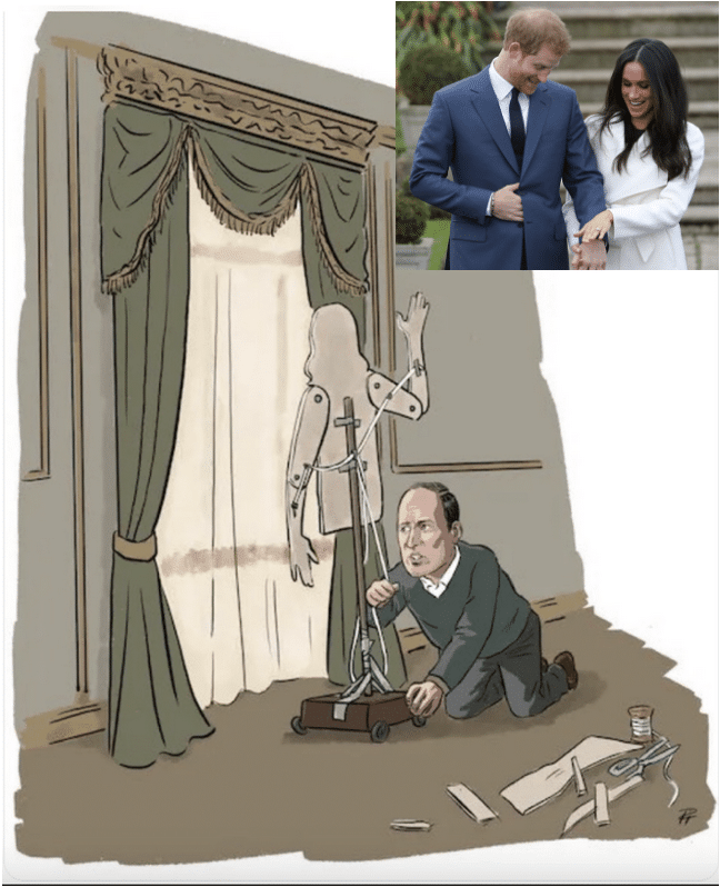 Cartoon of William as Kate's puppeteer with image of Harry and Meghan showing off engagement ring inset