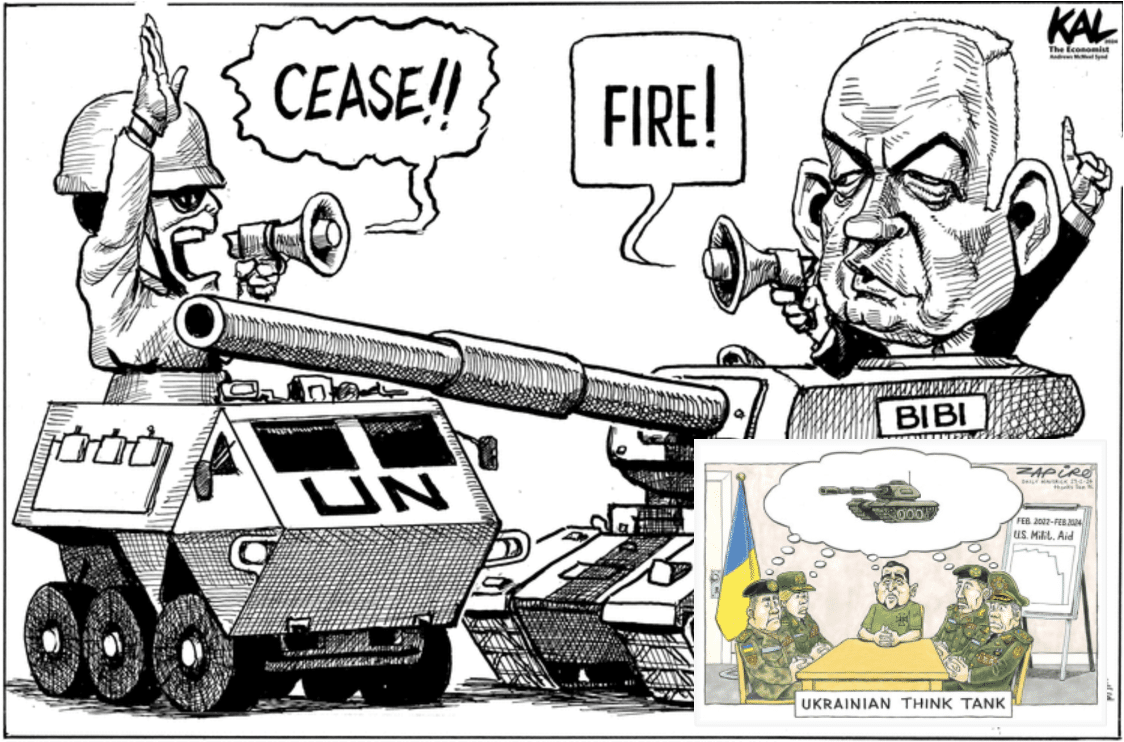 cartoon of Netanyahu in tank waging battle in Gaza with Zelensky waiting for US weapons inset