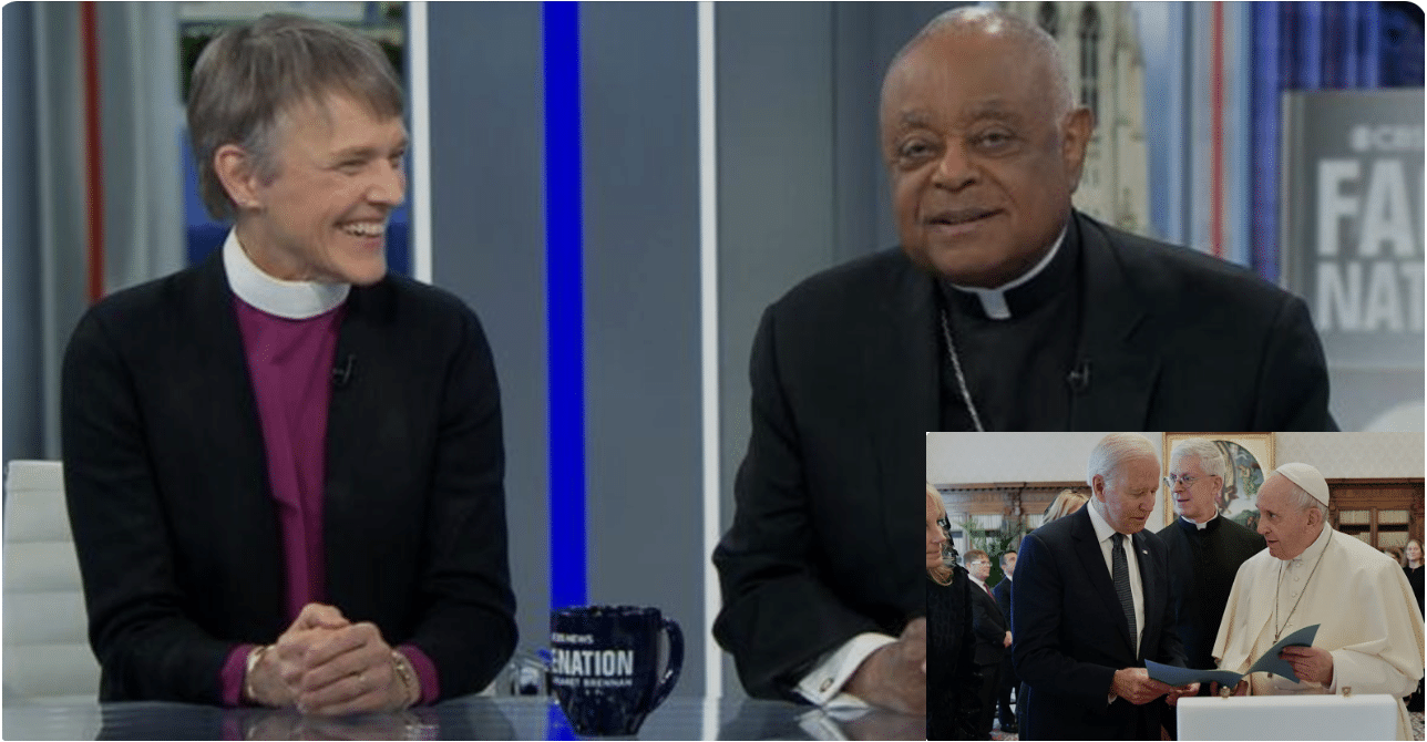 Archbishop Gregory and Rev. Budde on CBS Face the Nation with pope and Biden inset.