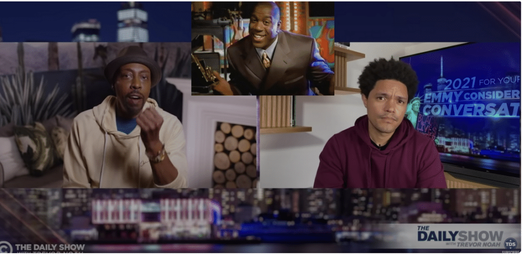 collage of black talk show hosts Arsenio Hall, Magic Johnson, and Trevor Noah.