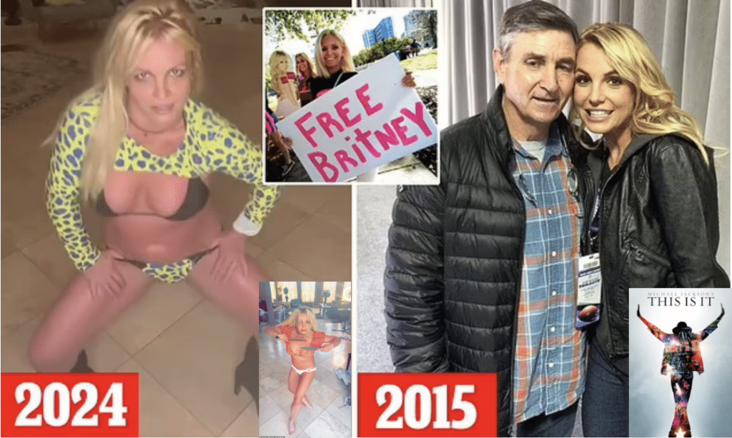 Britney Spears with her father and dancing provocatively with images of free Britney supporters and Michael Jackson poster for This Is It concert