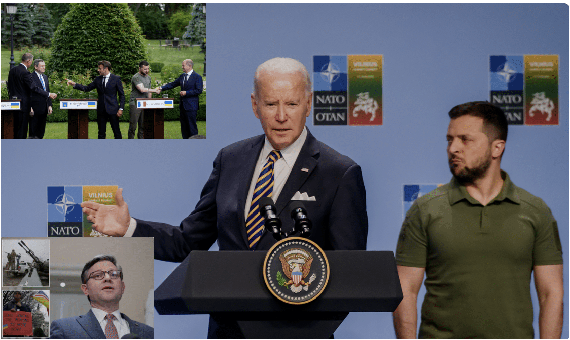 collage of Zelensky with Biden and EU leaders and inset image of speaker Mike Johnson