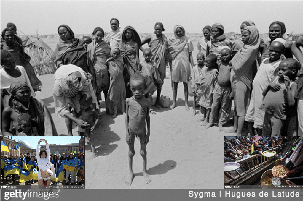 starving people in Darfur with image of women in Ukraine protesting rape as weapon of war and children in Gaza being fed famine rations.