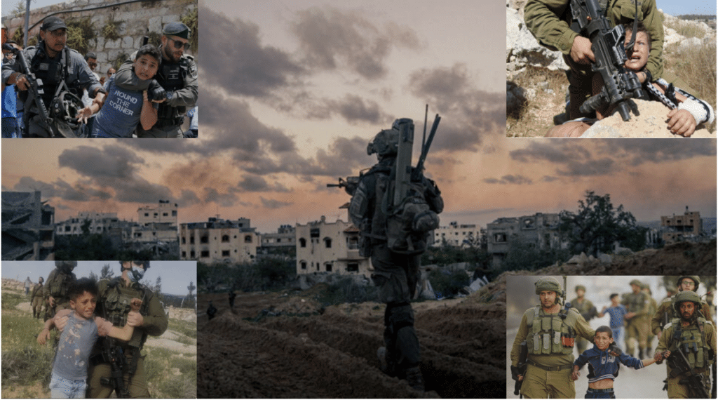 Israeli soldiers on patrol in Gaza with montage of them arresting children inset