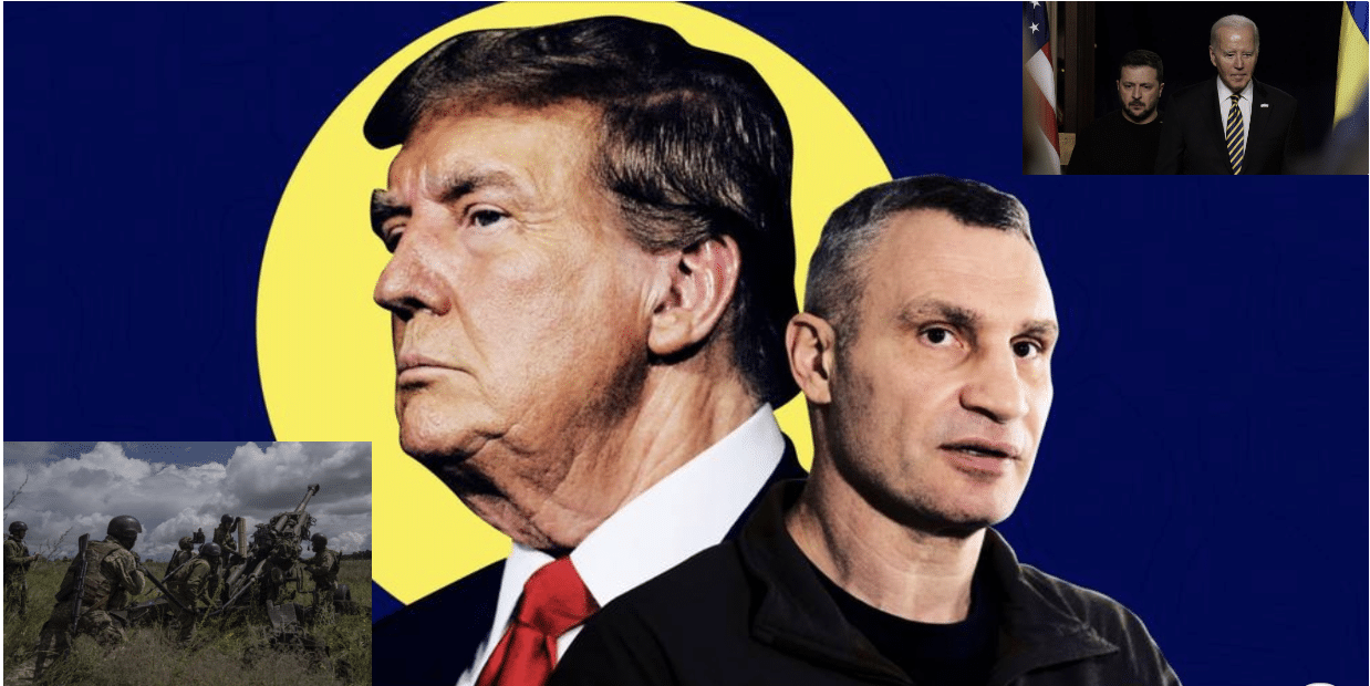 Trump and Klitchko with image of Biden and Zelensky and of Ukrainian soldiers firing US weapons inset.