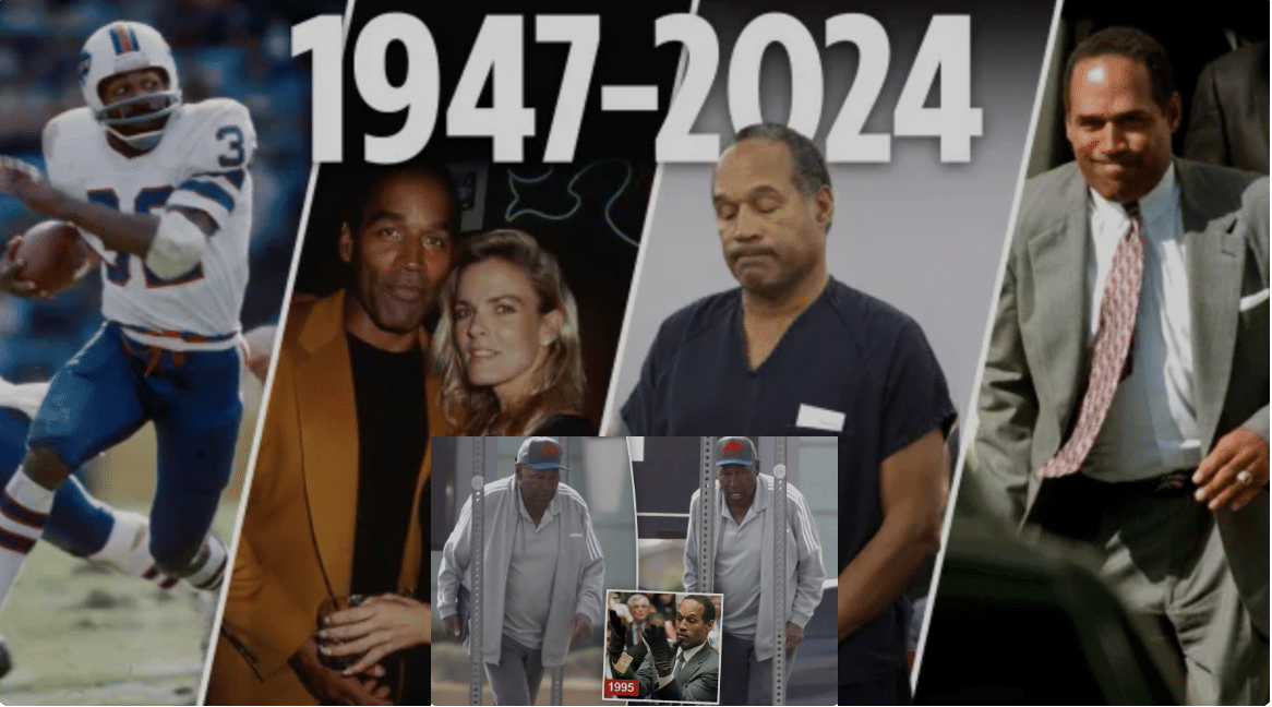 images of OJ Simpson throughout his life and inset testing the gloves at trial and looking frail.