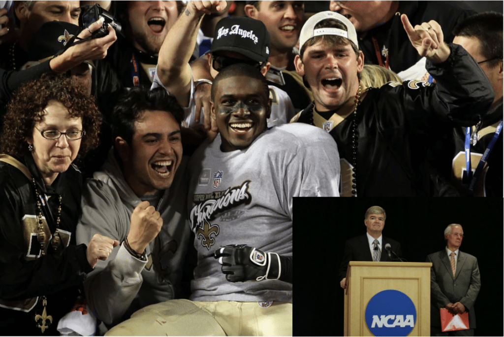 Reggie Bush celebrating with fans in the stands and image of NCAA executives inset