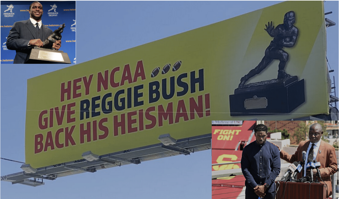 images of Reggie Bush campaigning for the NCAA to return his Heisman Trophy