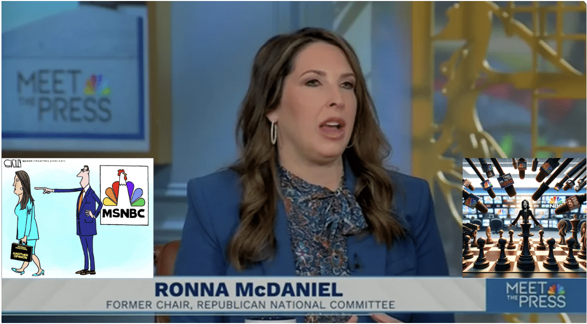 Rona McDaniel appearing on Meet the Press and cartoon images of her being fired and speaking to media.