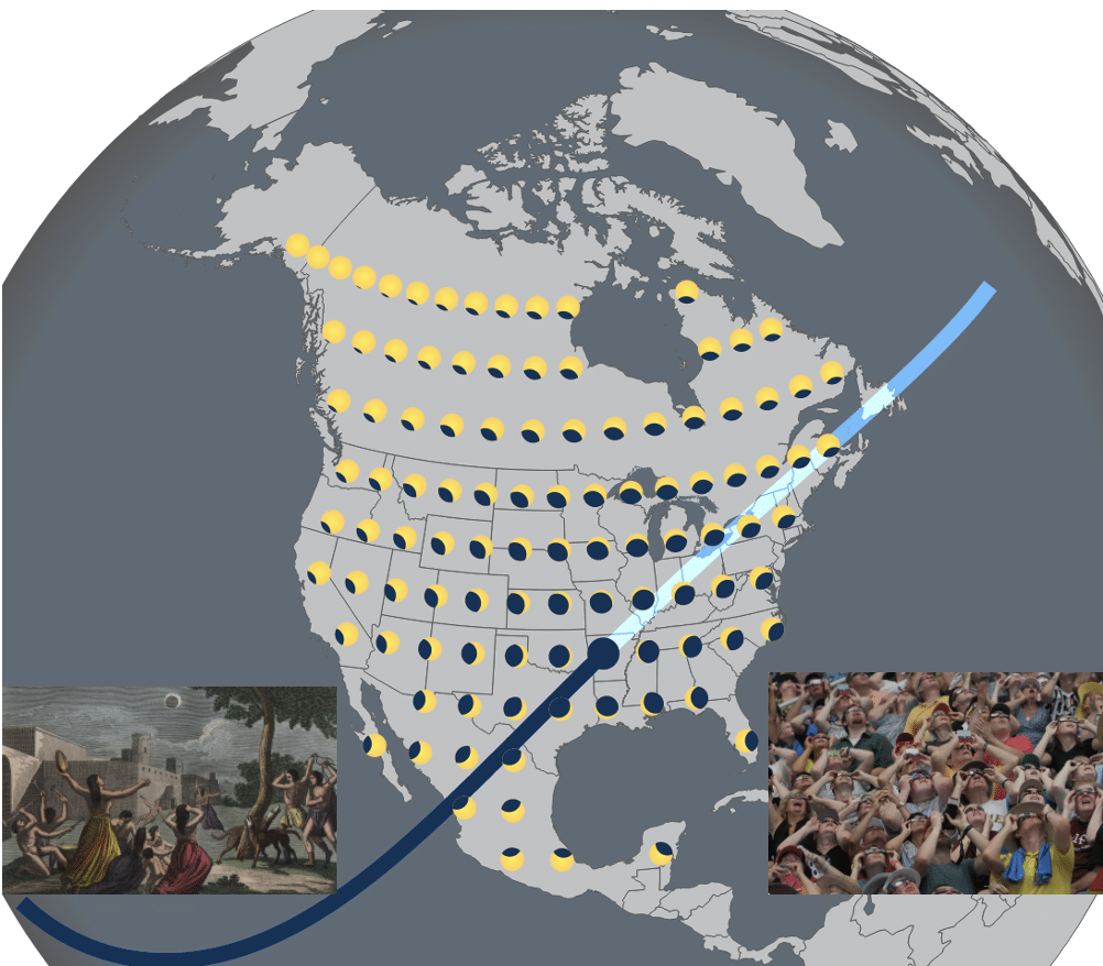 path of solar eclipse with image of ancient and modern people watching it inset.