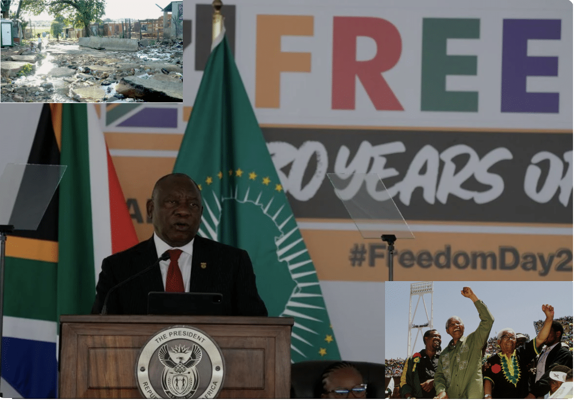 South African President Cyril Ramaphosa marking 30 years of freedom with images of triumphant Mandela and squalid township inset