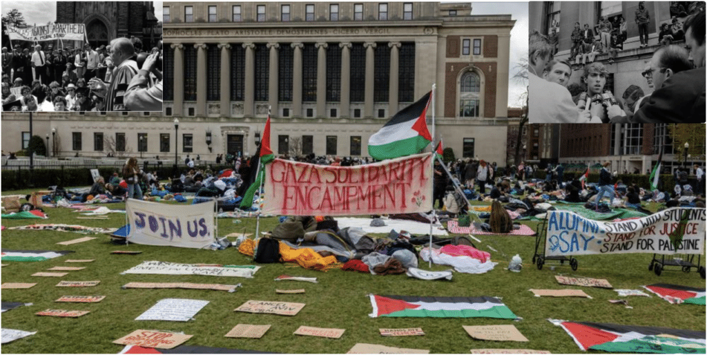 pro-Palestinian protests on college campuses with images of anti-apartheid protests